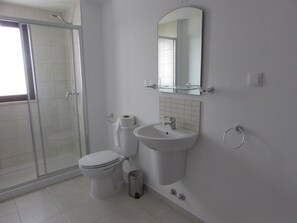 Bañera con ducha, bañera profunda, toallas