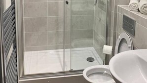 Ein modernes Badezimmer mit einer Duschkabine, einer Toilette und einem Waschbecken.