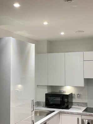 Departamento, 1 cama King size y sofá cama | Cocina privada | Refrigerador, microondas, horno y parrilla de estufa 