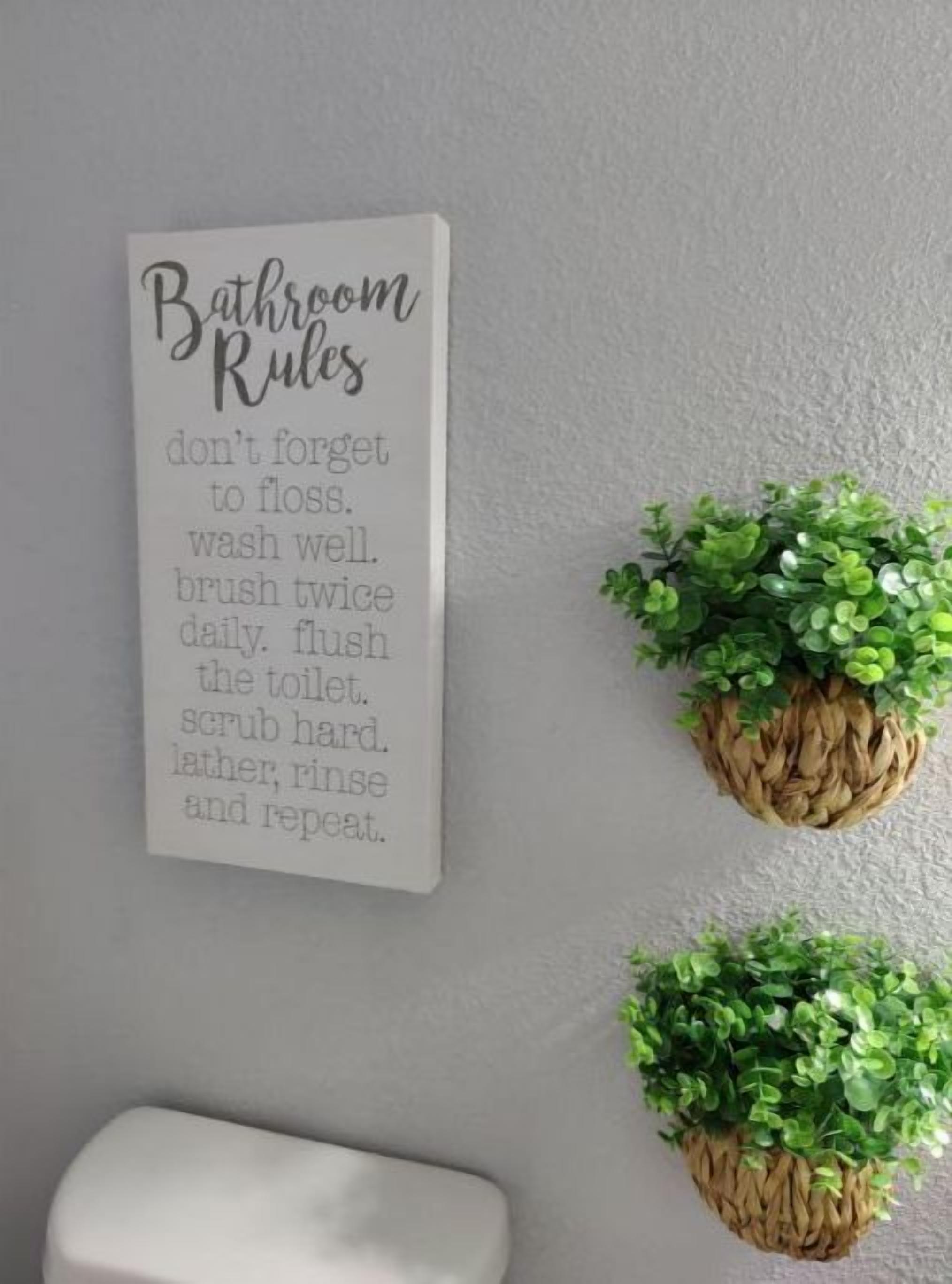 A bathroom sign with rules and two green potted plants on the wall.