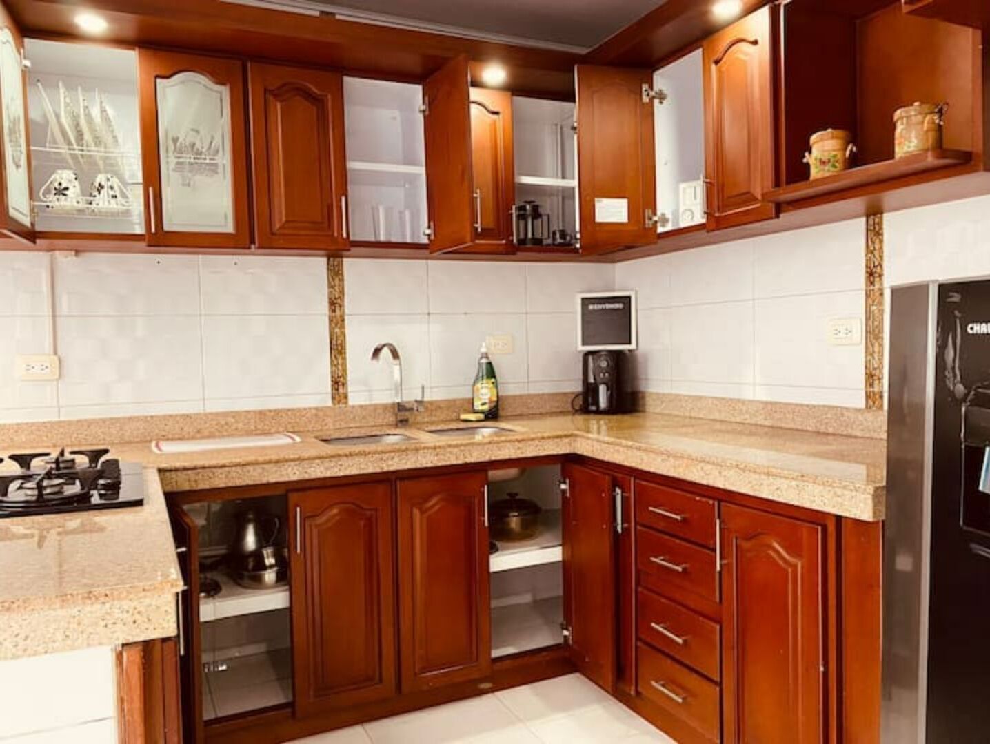 Microwave, coffee/tea maker, toaster, dining tables