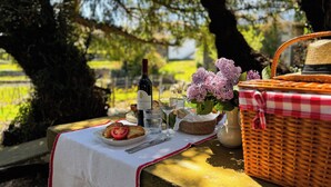 A picnic setup with a bottle, glasses, bread, and flowers on a table outdoors. - Casa do Santo - Wine & Tourism (Sabrosa)