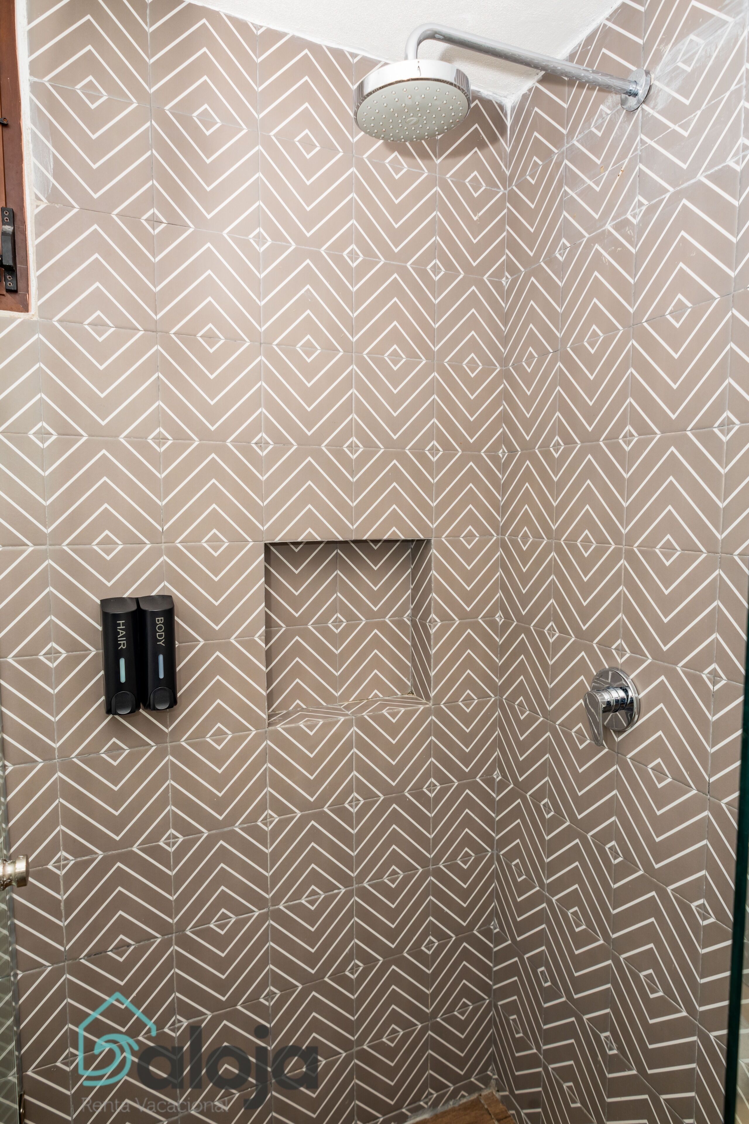 Un espace douche avec un carrelage aux motifs géométriques, une douchette à main et deux distributeurs de savon étiquetés « CHEVEUX » et « CORPS ».