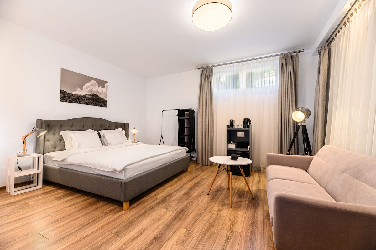 Una habitación de hotel moderna con cama, sofá, una mesita, lámpara, estantería y un cuadro en la pared.