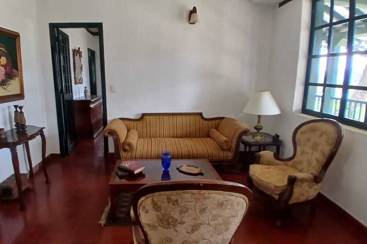 Un salon comprenant un canapé, un fauteuil et une table avec une lampe. Il y a un tableau au mur et une fenêtre donnant sur un paysage.