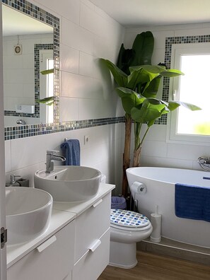 Shower, hair dryer, bidet, towels