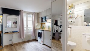 Hair dryer, towels, soap, shampoo
