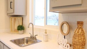 A kitchen with a stainless steel sink, a potted plant, a soap dispenser, a decorative mirror, and a vase.