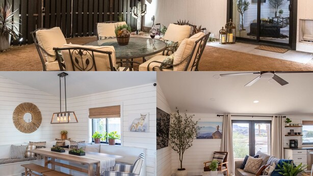 A cozy outdoor patio with a round table and chairs, a dining area with a bench and table, and a living room with a sofa and a view of the outdoors. - Castle Rock 95, 4brs, Community launch, Riverfront park (Parker)