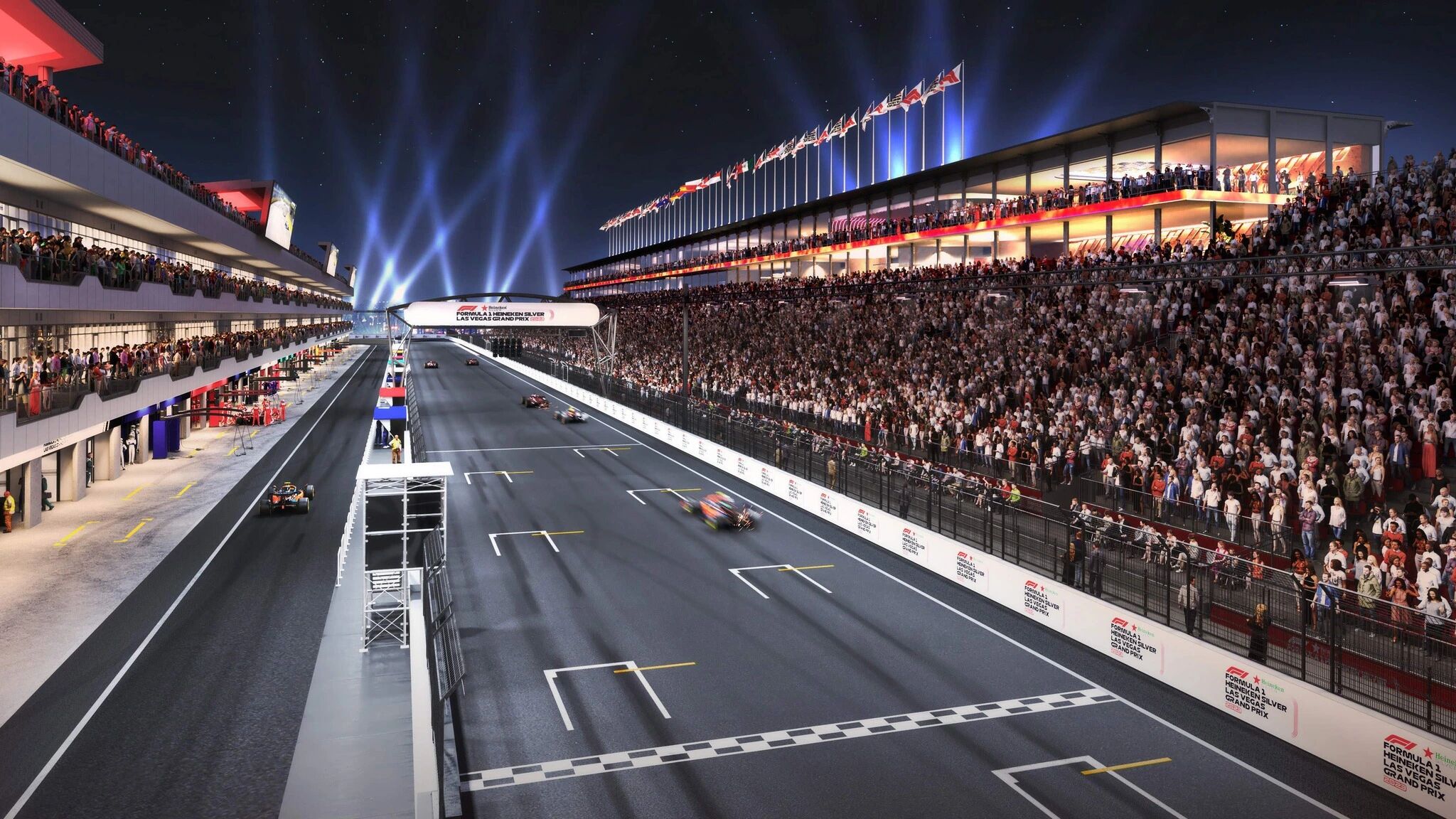 A grandstand filled with spectators at a Formula 1 event.