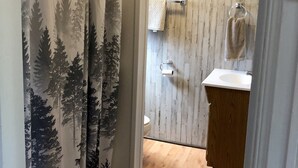 A bathroom with a wooden floor, a sink, and a toilet. - Cabin by lake, pet friendly, quiet (Hot Springs)