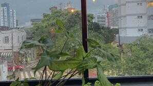 A window with a view of a cityscape, including buildings and a street. - Esquina 8 Hostel (Florianópolis)