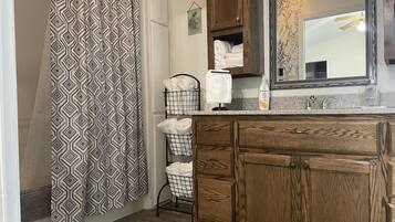 Hair dryer, towels, soap, shampoo