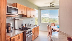 A modern kitchen with wooden cabinets, stainless steel appliances, and a large window offering a view of the outdoors. - Villa&Tower -17 Bdrms,sleeps 55-AC,Elevator,Pool (Quepos)