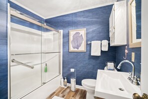 Combined shower/tub, hair dryer, towels