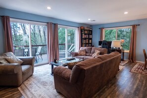 Smart TV, fireplace, DVD player, foosball