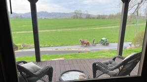 En veranda med flätade stolar och ett litet bord, med utsikt över en grön äng där en hästdragen vagn och en traktor står.