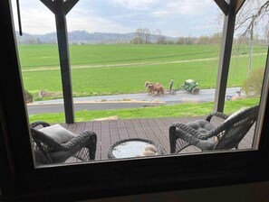 En veranda med flätade stolar och ett litet bord, med utsikt över en grön äng där en hästdragen vagn och en traktor står.