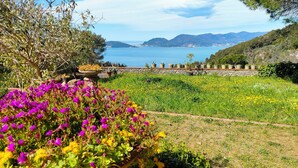 En trädgård med färgstarka blommor och en stenmur som leder fram till en vacker utsikt över havet och bergen.