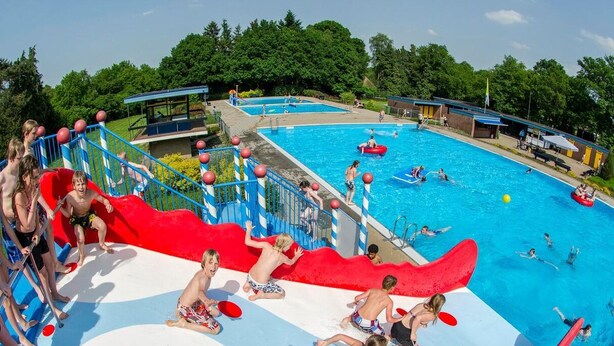 Un parc aquatique doté de plusieurs piscines et de toboggans, entouré d’arbres.