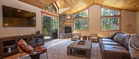 Smart TV, fireplace, books