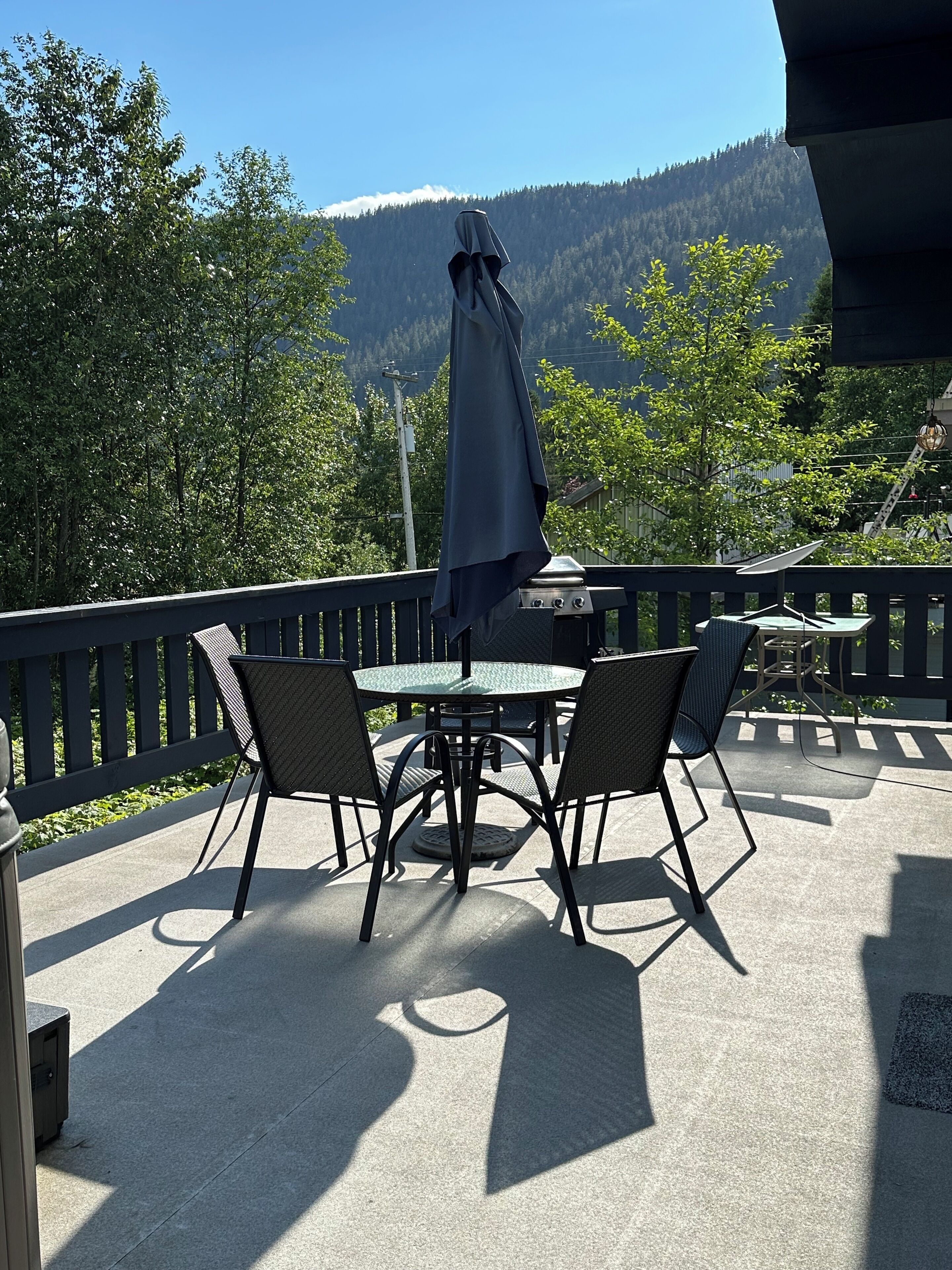 Eine Terrasse im Freien mit Tisch und Stühlen, einem Grill und Blick auf einen bewaldeten Berg.