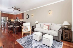 TV, fireplace, books, offices