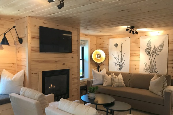 Een televisie, een open haard, boeken en een muziekbibliotheek