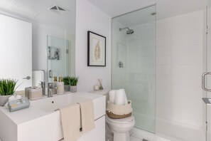 Hair dryer, towels, soap, shampoo
