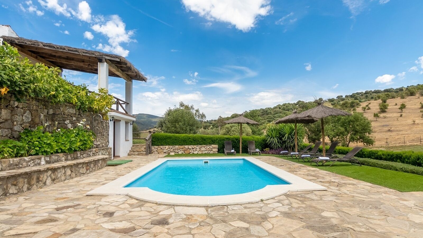 A rectangular swimming pool with a stone border, surrounded by a stone patio. There are lounge chairs and a small gazebo with a thatched roof.
