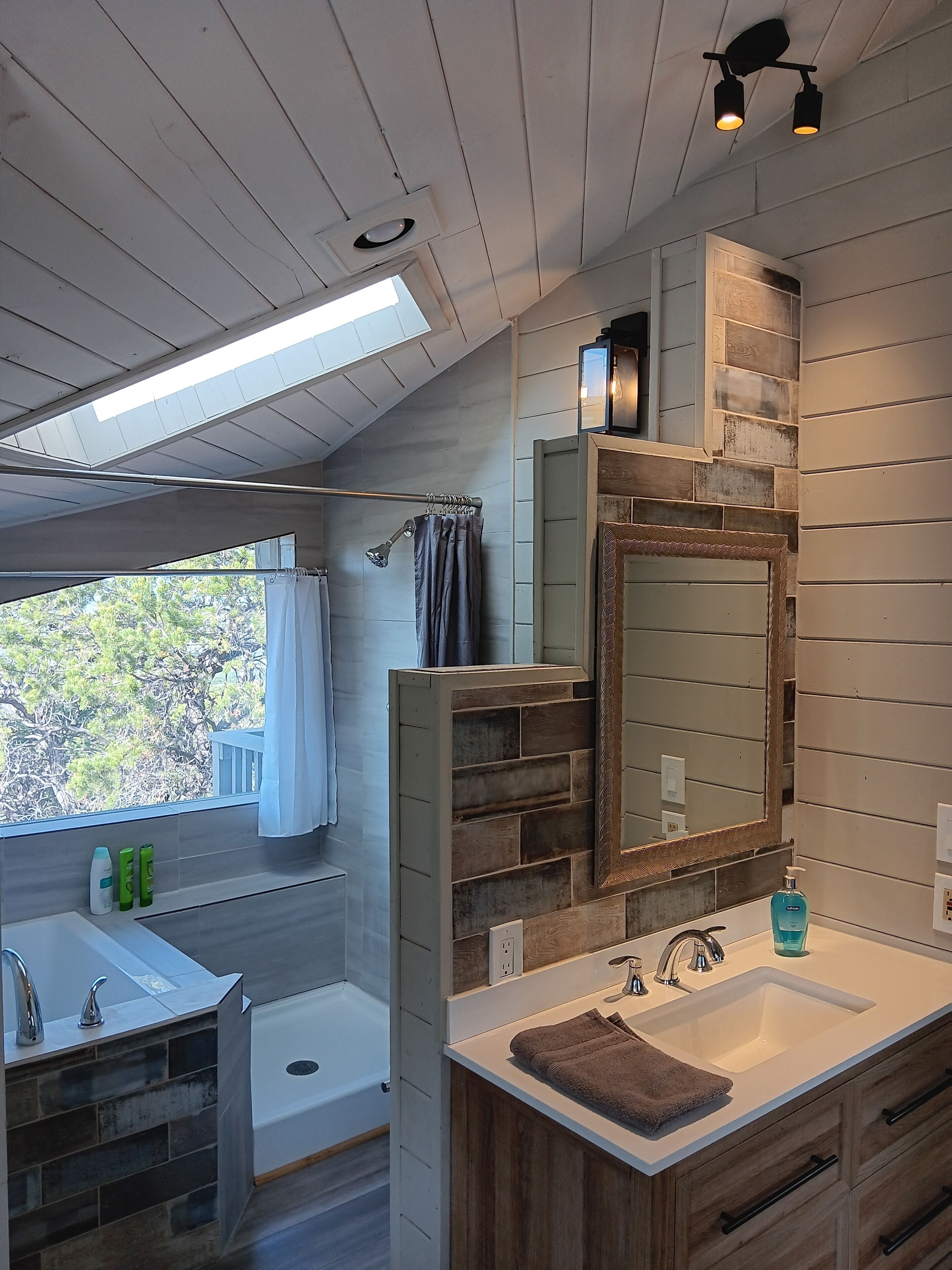 Hair dryer, towels, soap, shampoo