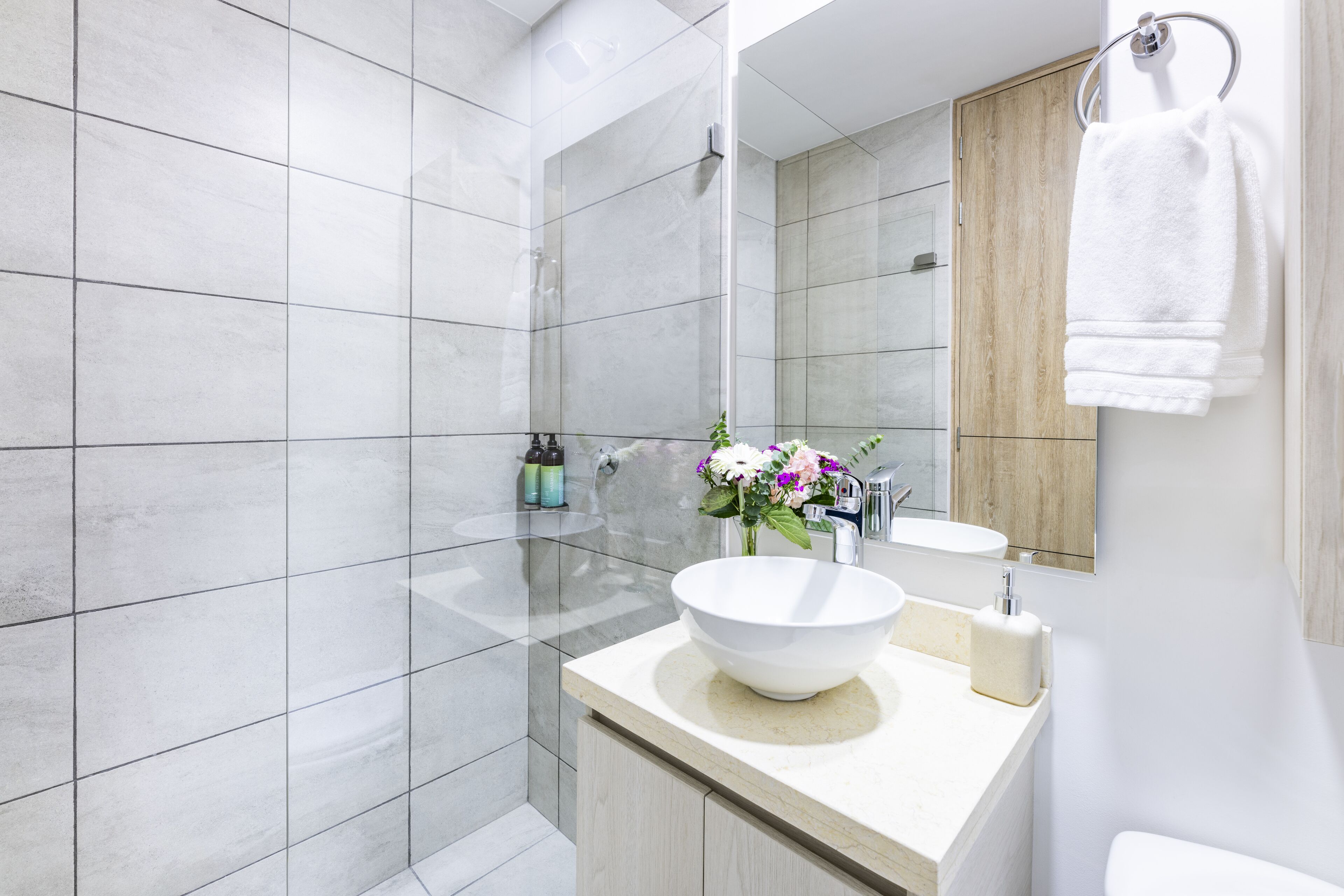 Shower, rainfall showerhead, free toiletries, hair dryer