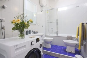 Combined shower/tub, hair dryer, bidet, towels