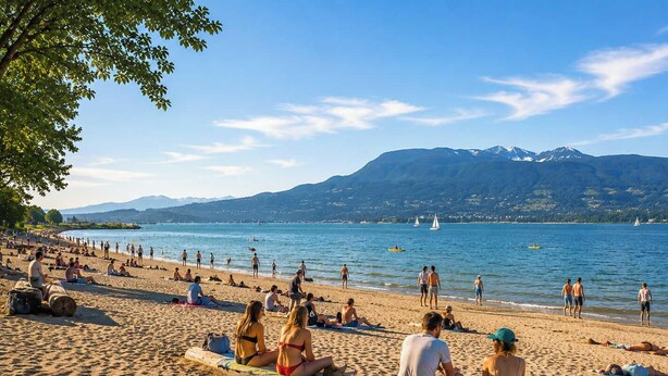 A beach with people sunbathing and swimming, boats on the water, and mountains in the background. - Entire 4-Bedroom Garden Level Suite Near UBC/YVR (Vancouver)
