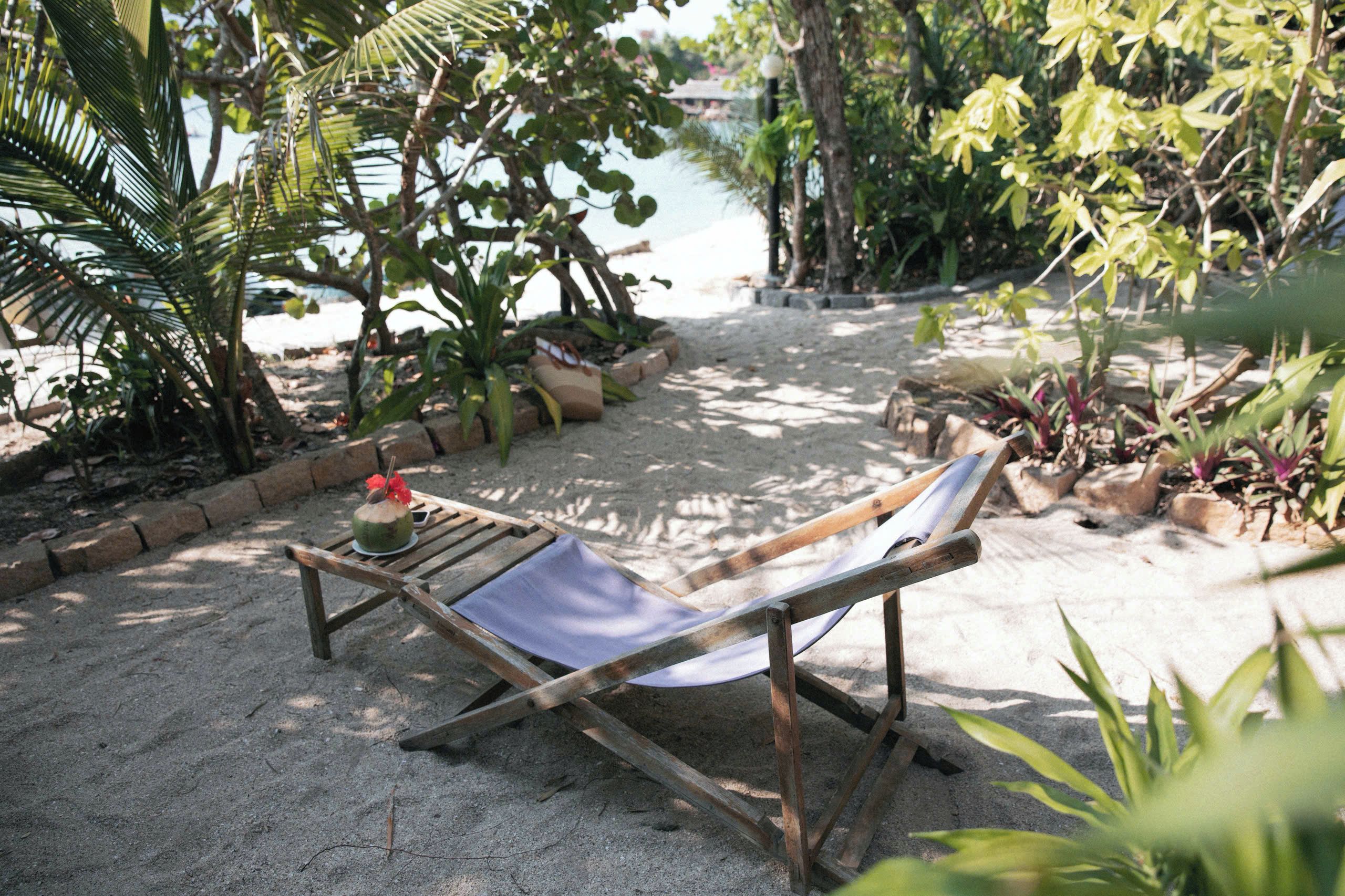 A wooden lounge chair with a cushion on a sandy surface, surrounded by potted plants and trees.