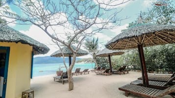 A beachside resort with thatched umbrellas, wooden lounge chairs, and a view of the sea.