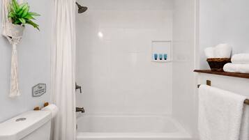 Shower, free toiletries, hair dryer, towels