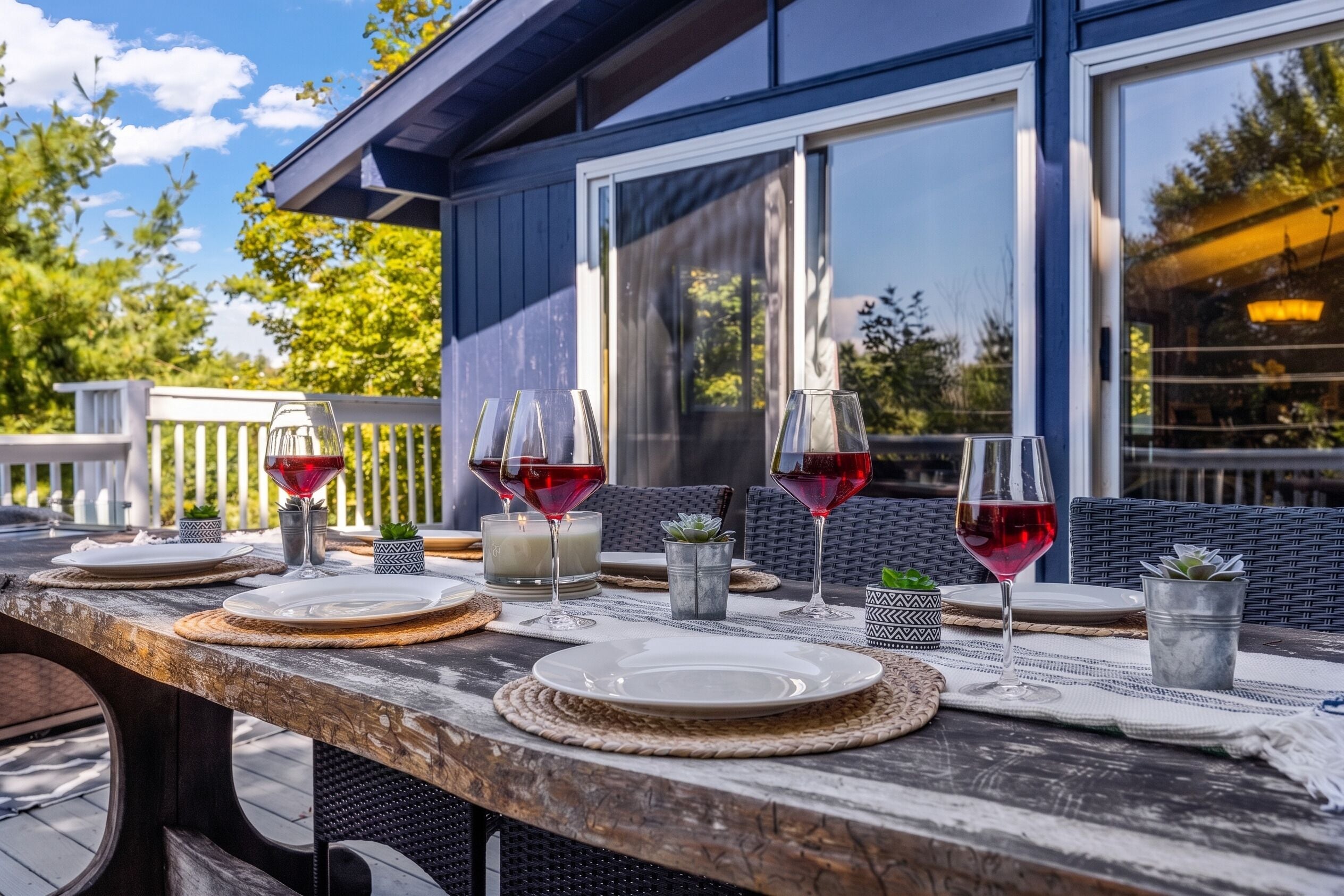 An outdoor dining area with a rustic wooden table, white plates, and red wine glasses.