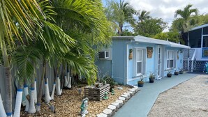 A row of blue cabins with a pathway lined by rocks and palm trees.