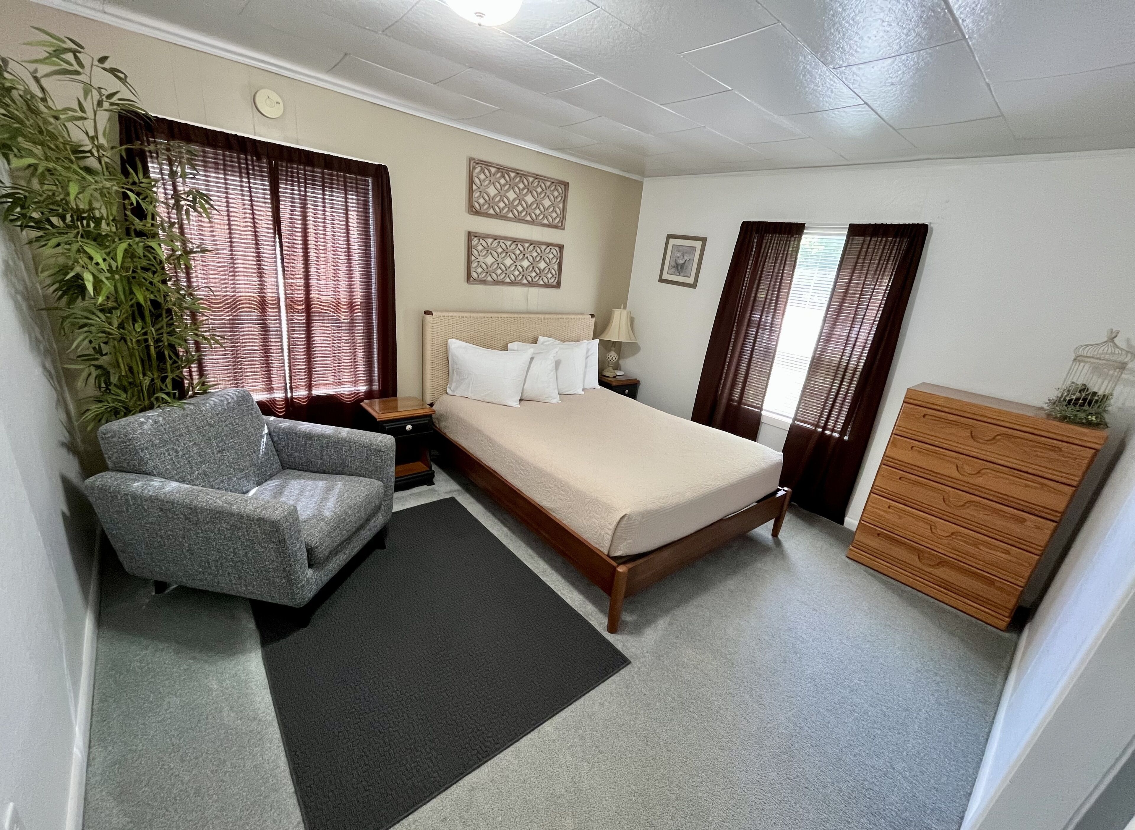 A bedroom with a bed, a chair, a dresser, a nightstand, a lamp, a plant, and a window with curtains.