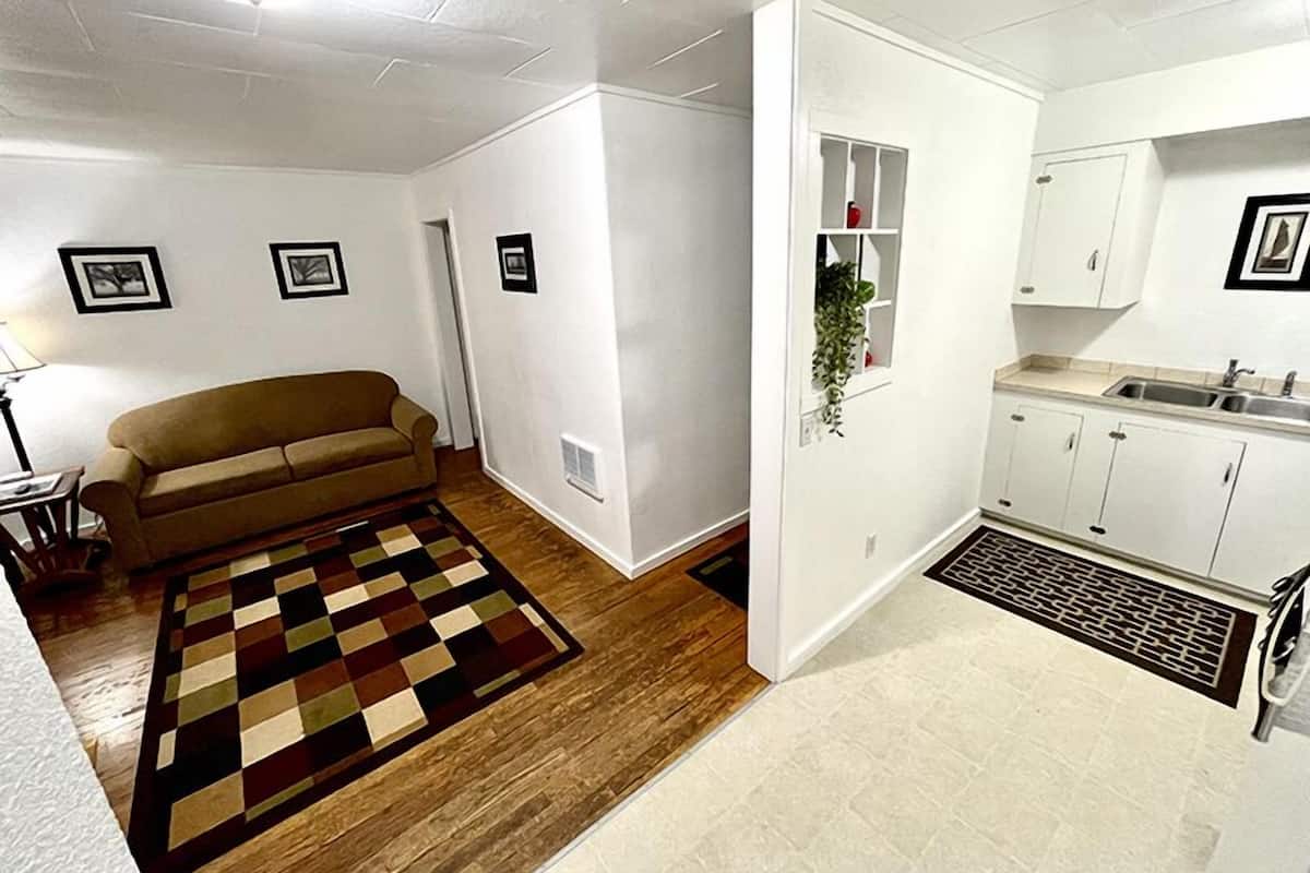Una sala de estar con un sofá marrón, un tapete a cuadros y una cocina con armarios blancos y una ventana con una planta.