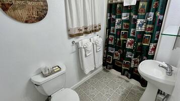 A bathroom with a toilet, sink, and shower curtain.