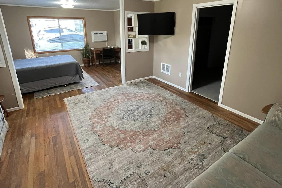 Un espacio habitable compacto con una cama, un sofá, un televisor y una alfombra grande.