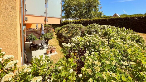Un edificio moderno con facciata in vetro, un patio con mobili da esterno e un giardino curato con diverse piante e fiori.