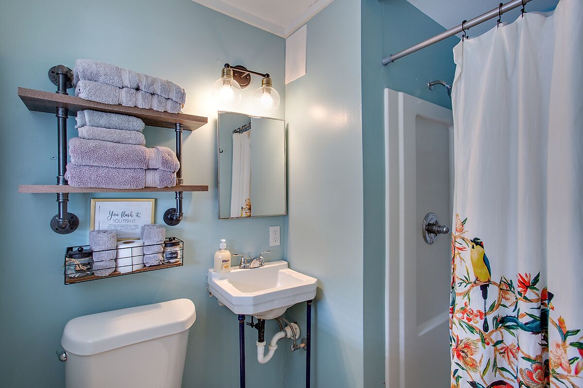 A bathroom with a toilet, sink, towel racks, and a shower curtain with a bird design.