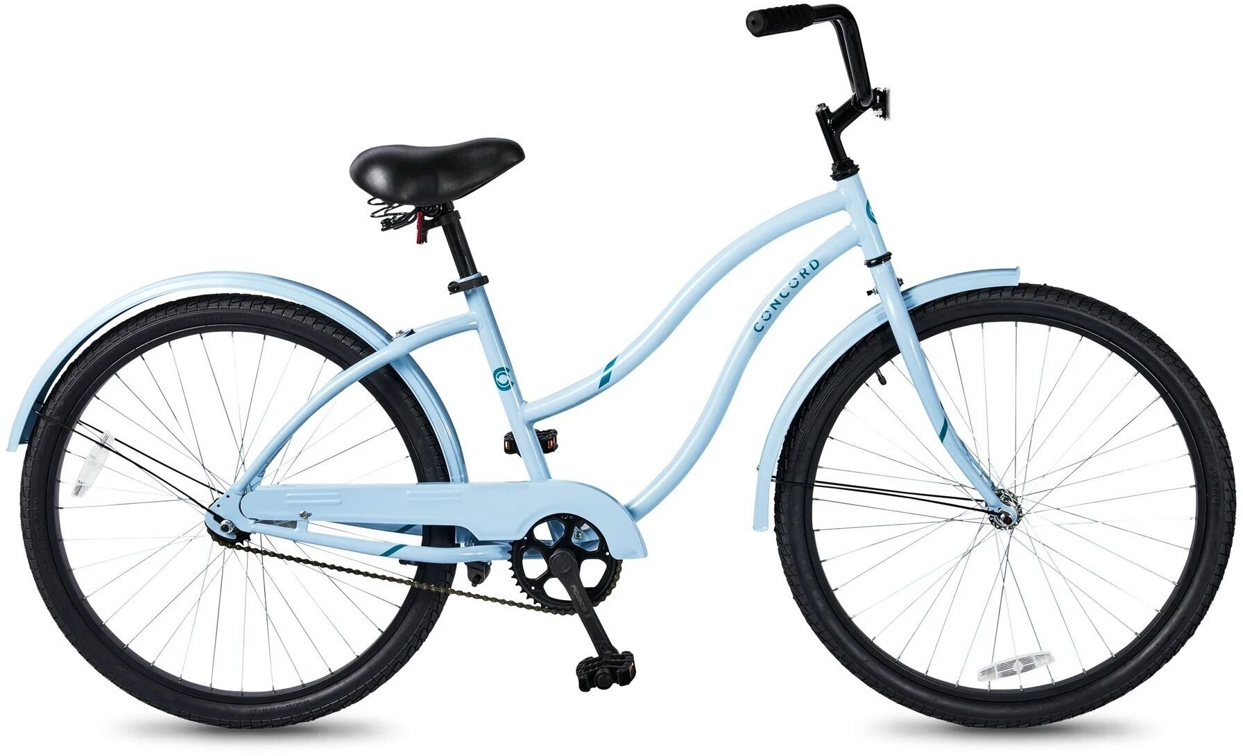 Ein hellblaues Fahrrad mit schwarzen Reifen und schwarzem Sattel.