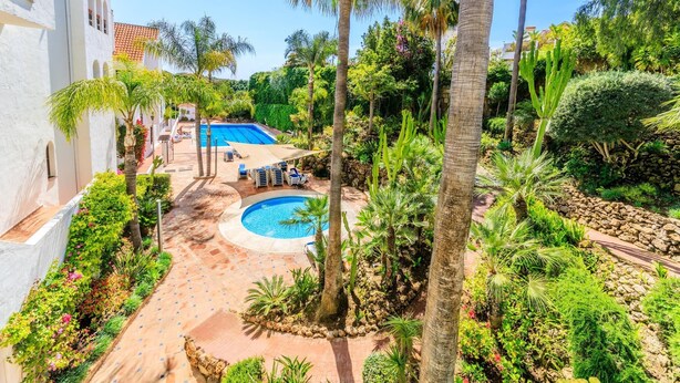 A pool area with a circular pool, surrounded by palm trees and various plants. - Casa Maestranza (Marbella)
