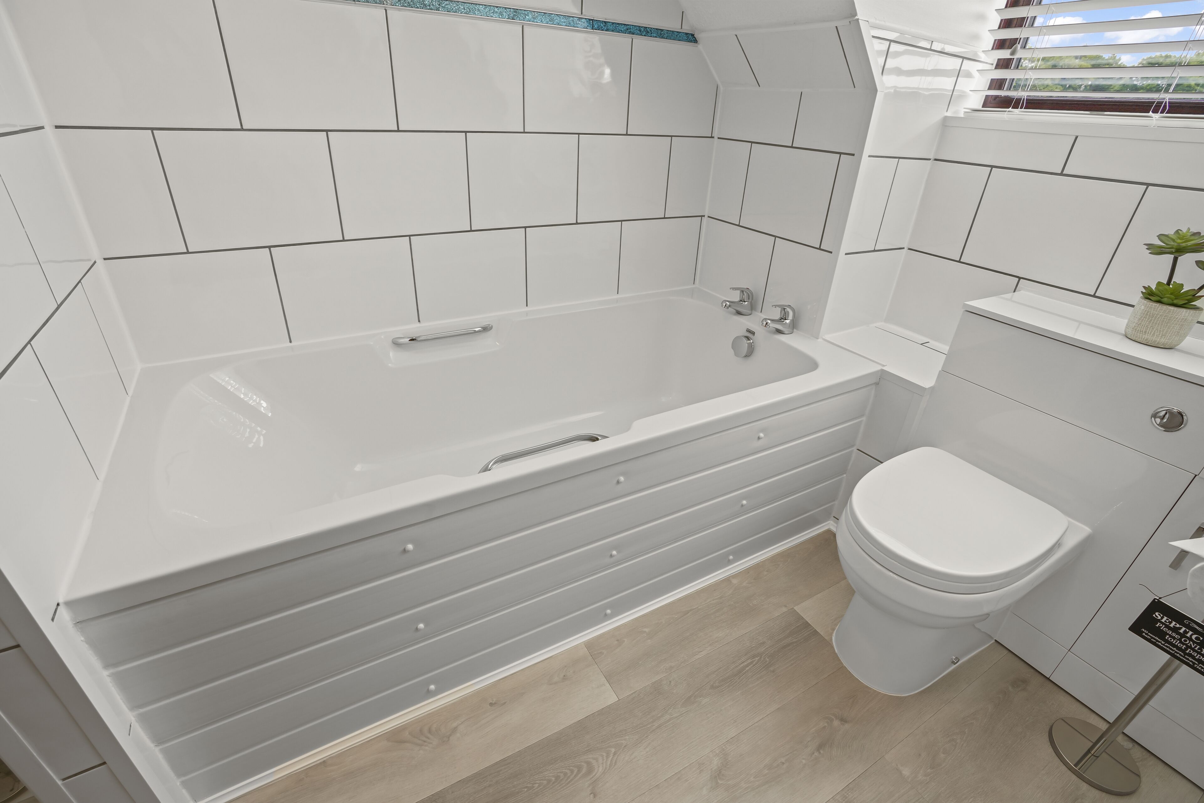 Un baño moderno con una bañera grande, un inodoro y un lavabo.