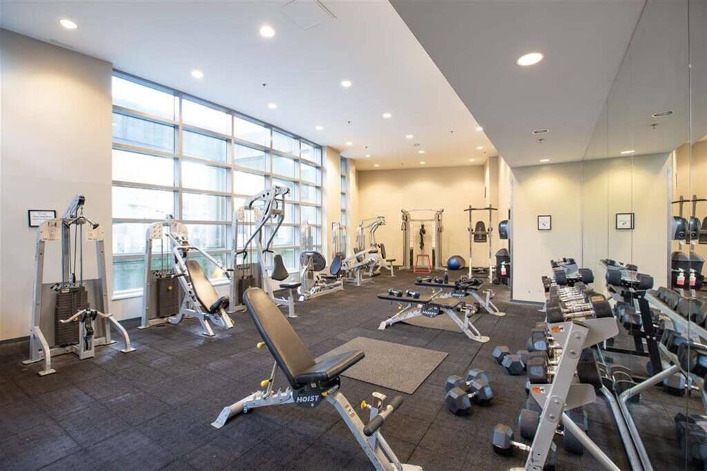A gym with various exercise equipment, large windows, and a clean, modern design.