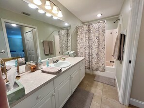 Hair dryer, towels, soap, shampoo